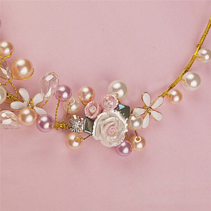 Handmade Pink Gold Pearl Crystal Crown Tiara