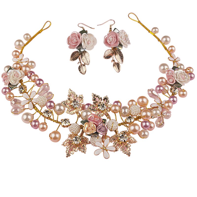 Handmade Pink Gold Pearl Crystal Crown Tiara