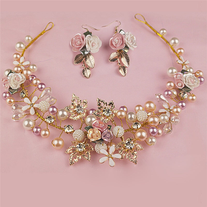 Handmade Pink Gold Pearl Crystal Crown Tiara