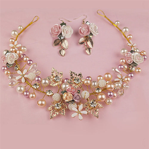 Handmade Pink Gold Pearl Crystal Crown Tiara
