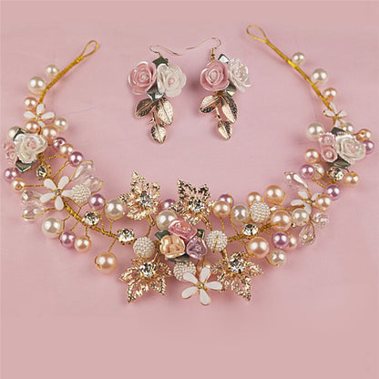 Handmade Pink Gold Pearl Crystal Crown Tiara