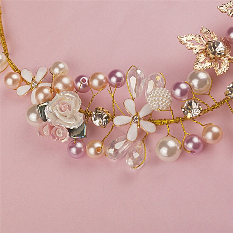 Handmade Pink Gold Pearl Crystal Crown Tiara