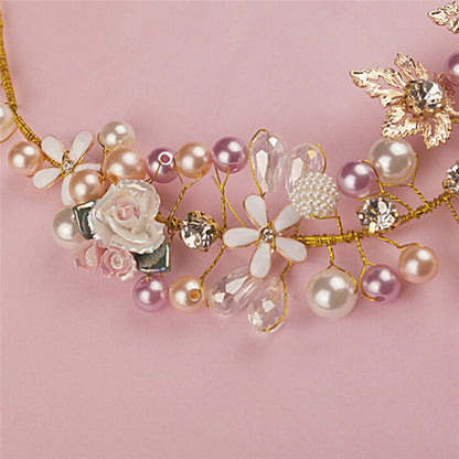 Handmade Pink Gold Pearl Crystal Crown Tiara